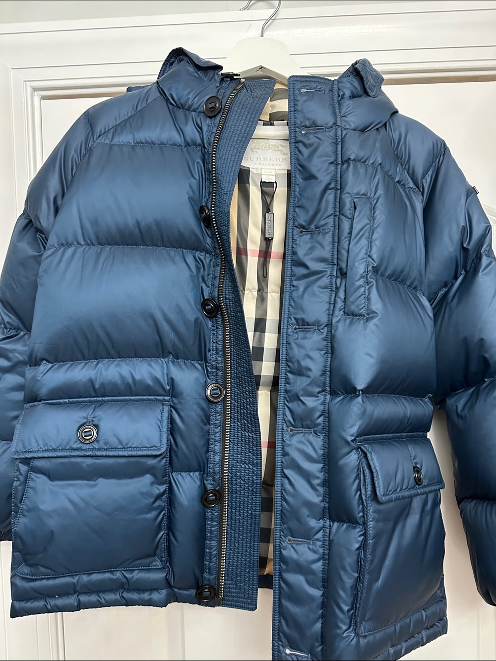Burberry Kids Navy Blue Quilted Puffer Jacket with Hood